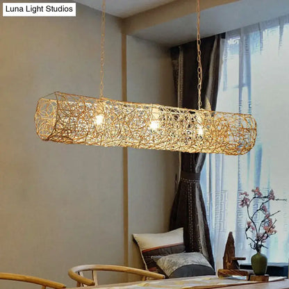 DecorBites™ modern hanging rattan ceiling light with 3 bulbs in golden hue for stunning contemporary tea room island lighting