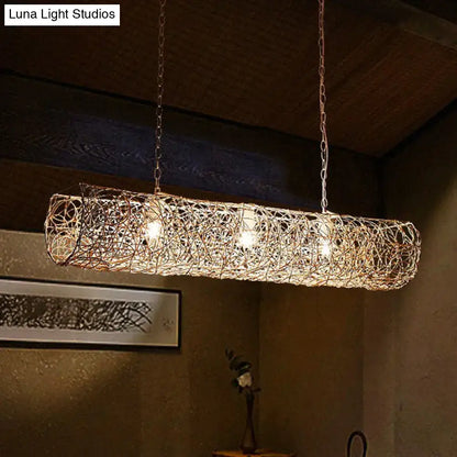 DecorBites™ modern hanging rattan ceiling light with three exposed bulbs for a stunning contemporary tea room island