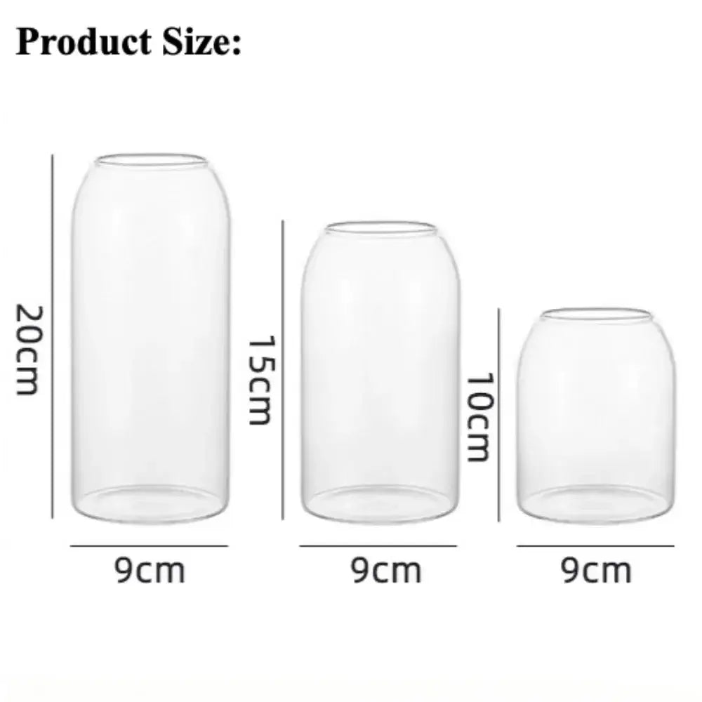 Three clear glass flower vases of varying heights with cylindrical bodies and rounded rims for creative hydroponic plants