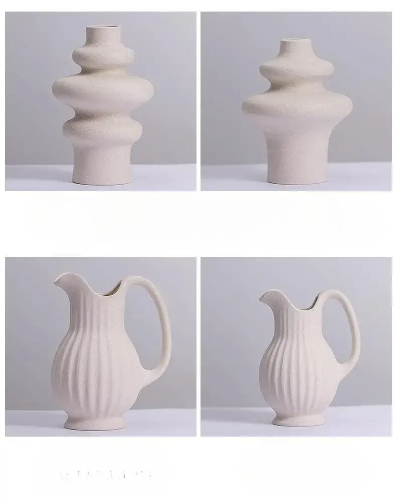 Cream-colored ins style ceramic spiral vase with sculpted undulating form and ribbed pitcher design by decorbites