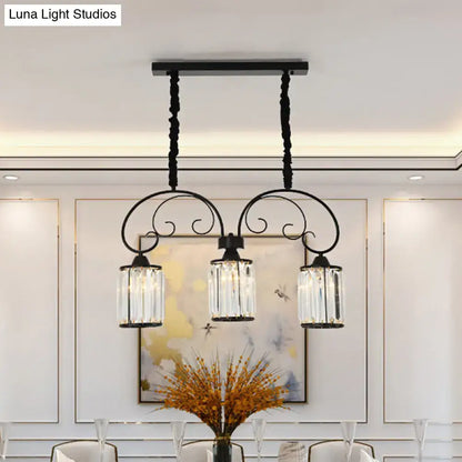 Black wrought iron DecorBites™ island light with three clear crystal glass shades suitable for 220v-240v 110v-120v use