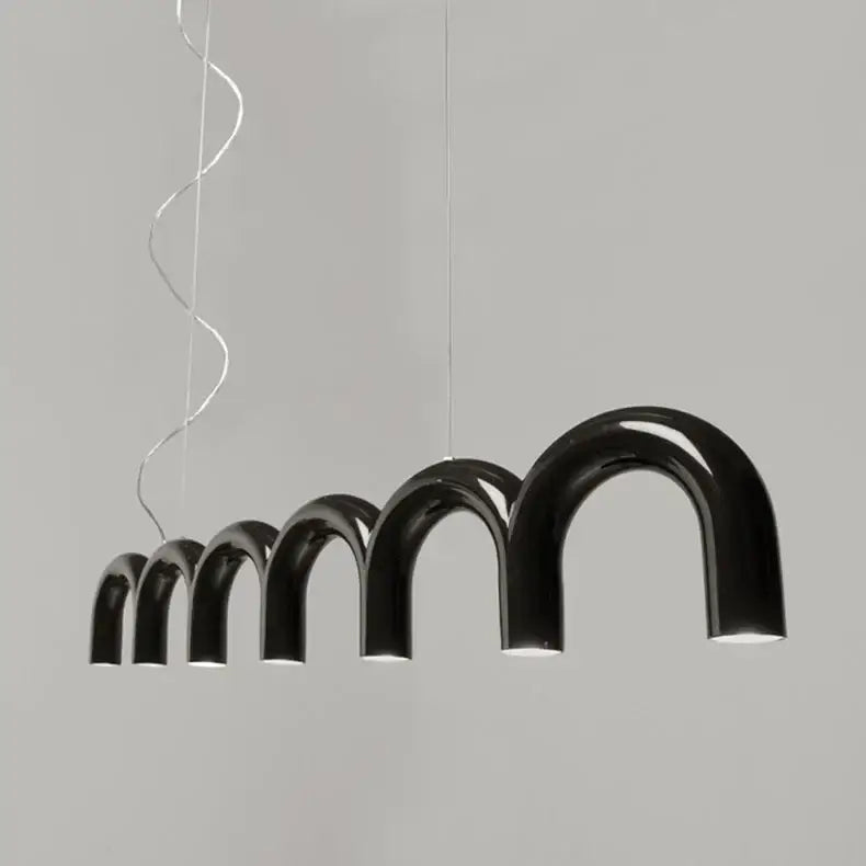 Black glossy arched pendant light fixture from decorbites modern led oblure arch chandelier collection in black color