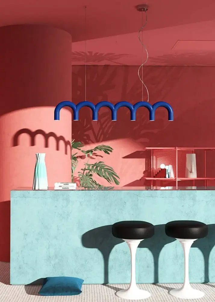 Blue wavy pendant light fixture of decorbites modern led oblure arch chandelier in blue for stylish interior lighting