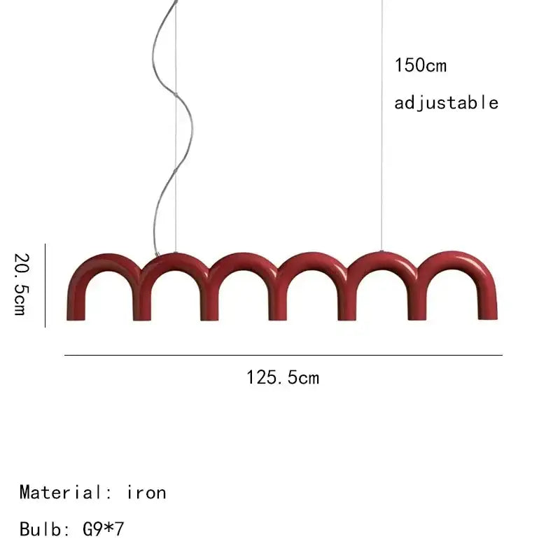Decorbites modern red iron pendant arch chandelier with seven g9 bulbs in arched segments featuring oblure arch design