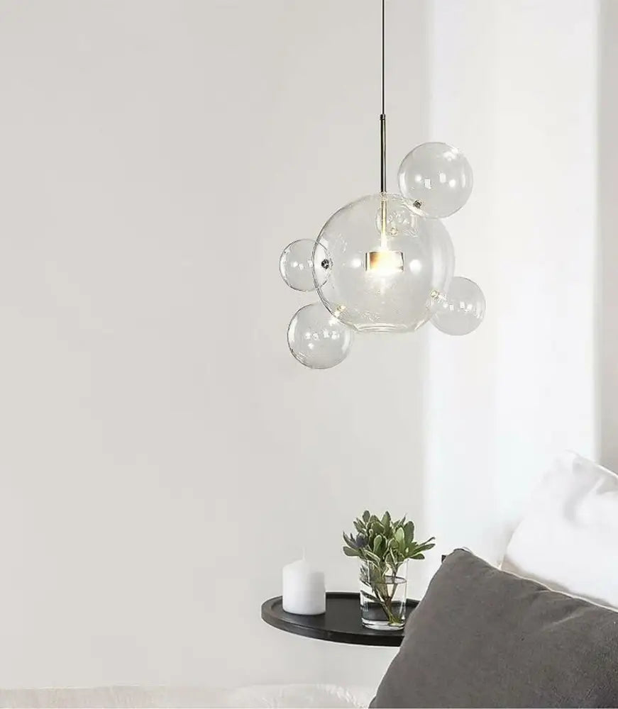 Clear glass decorbites modern led bubble ball chandelier with five orbs and central bulb for living room lighting