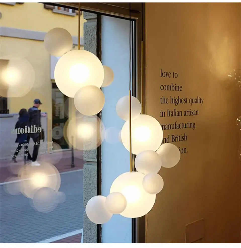 DecorBites™ modern led bubble chandelier featuring frosted glass orbs and brass finish for nordic decor led living room