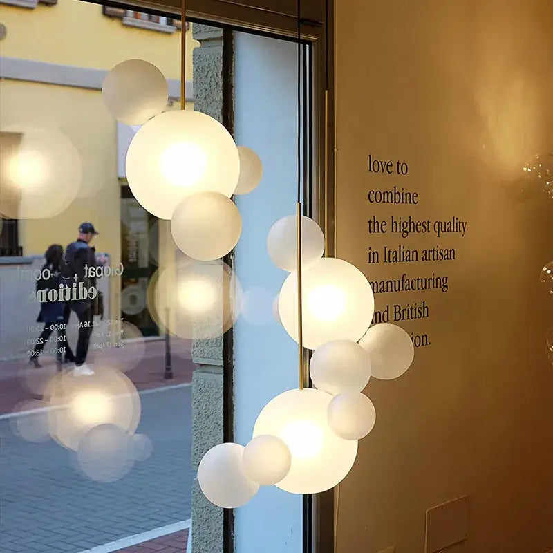 DecorBites modern led bubble chandelier with frosted glass orbs and brass finish ideal for living room and dining room decor