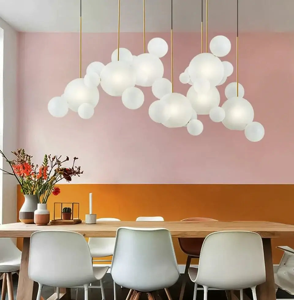 DecorBites modern led bubble chandelier with white glass bubbles and gold-toned rods for stylish home decor led lighting