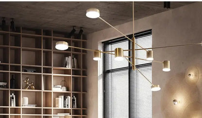 Decorbites modern led chandelier gold black brass with cylindrical lights in geometric branching design for living room and bedroom
