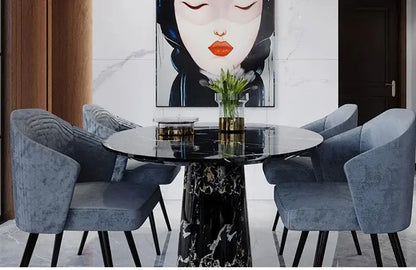 Black marble table with glossy finish and white veining shown with decorbites modern led chandelier gold black for living room