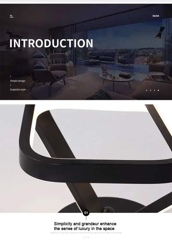 Black minimalist table lamp with curved metal frame complements decorbites™ modern led chandelier with three color options