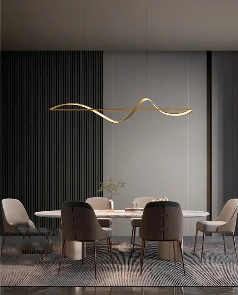 A sleek gold-toned wave-shaped pendant light with modern minimalist design from DecorBites™ modern led chandeliers