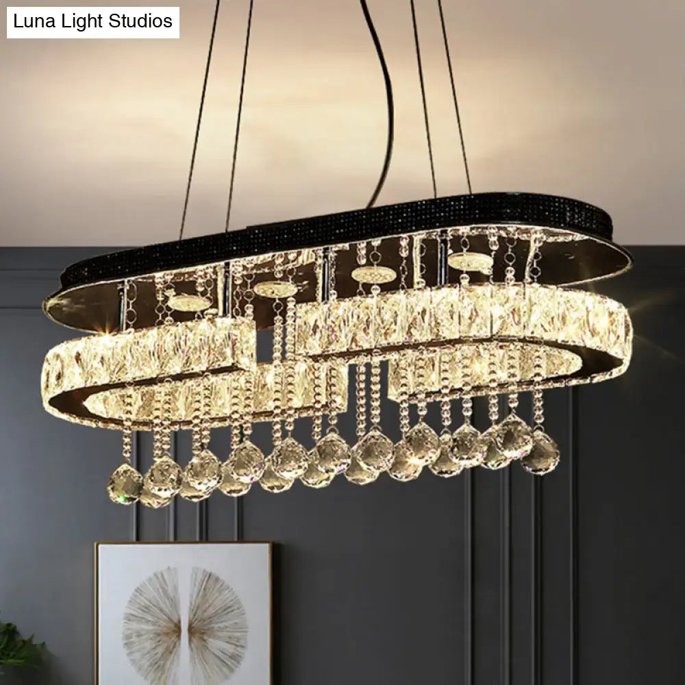 Elegant decorbites™ modern led crystal pendant light with oval crystals, black beaded top, and stainless steel frame