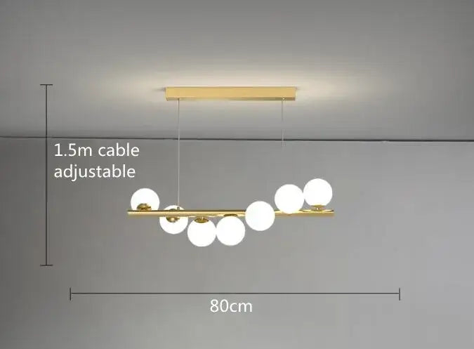 Decorbites modern led glass chandelier with gold-toned horizontal bar and white glass globes for dining room lighting