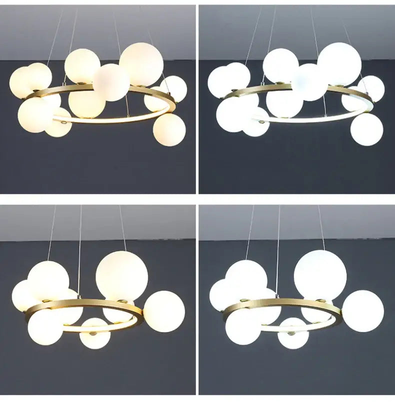 DecorBites™ modern LED glass chandelier with gold frame, frosted globes, and adjustable cord for versatile lighting