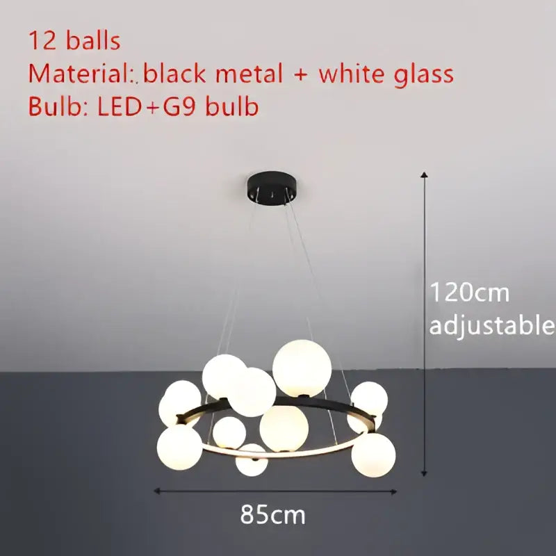 Decorbites™ modern black metal chandelier with twelve white clear glass spheres and adjustable cord for versatile lighting