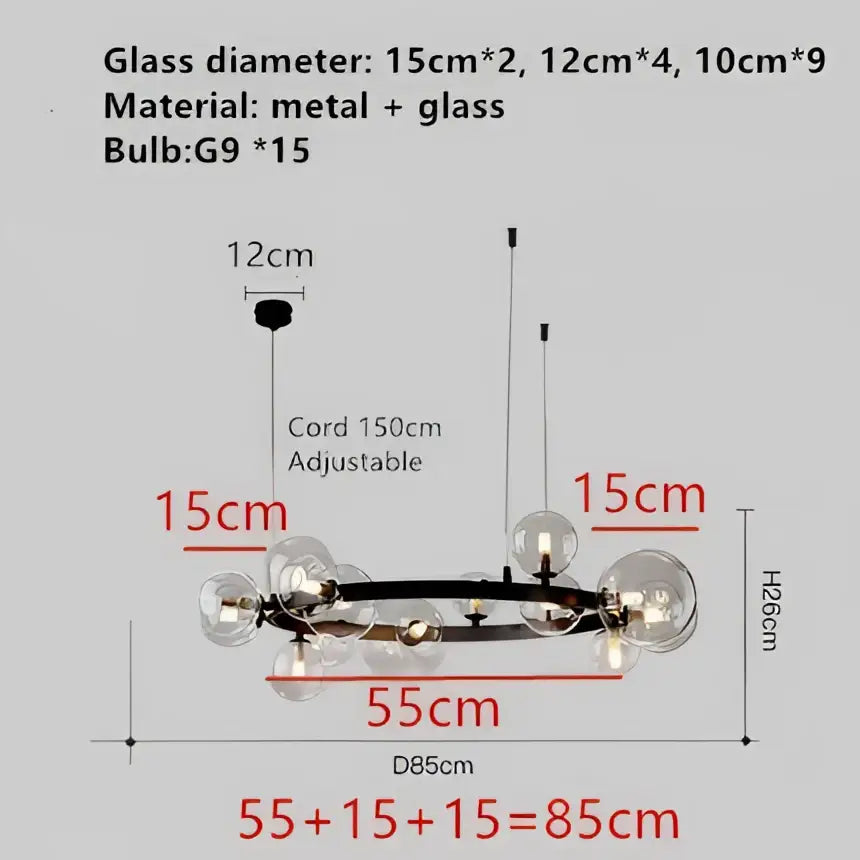 DecorBites™ modern black metal chandelier with clear glass bubble shades and adjustable 150cm cord