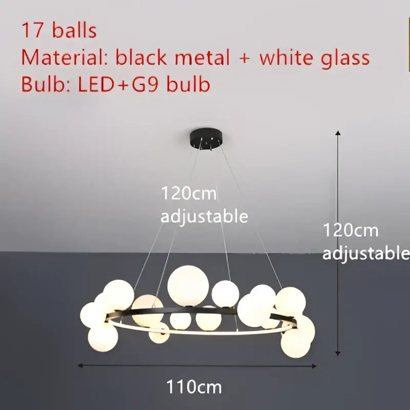 Decorbites modern led black metal chandelier with 17 white clear glass globes and adjustable cord for stylish lighting