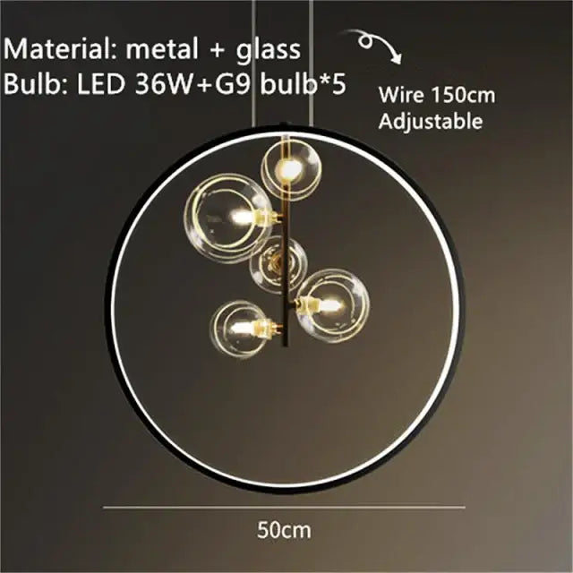 DecorBites™ modern LED glass chandelier with adjustable cord features a black metal frame and clear glass bubble bulbs