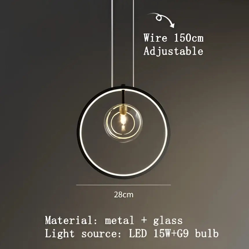 DecorBites™ modern led glass chandelier with adjustable cord and clear glass bubble in a sleek black metal frame