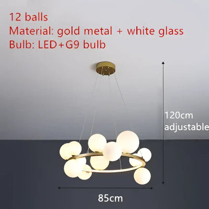 Gold metal DecorBites modern LED chandelier with twelve frosted white glass spheres and adjustable cord chains