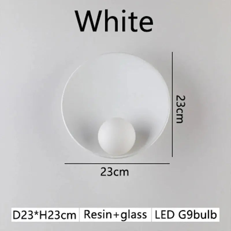 Decorbites modern led wall light with white resin and glass circular sconce and central spherical g9 led bulb