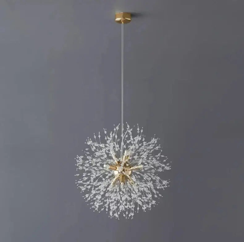 DecorBites modern led pendant chandelier with gold central hub and clear crystal strands for elegant home decor
