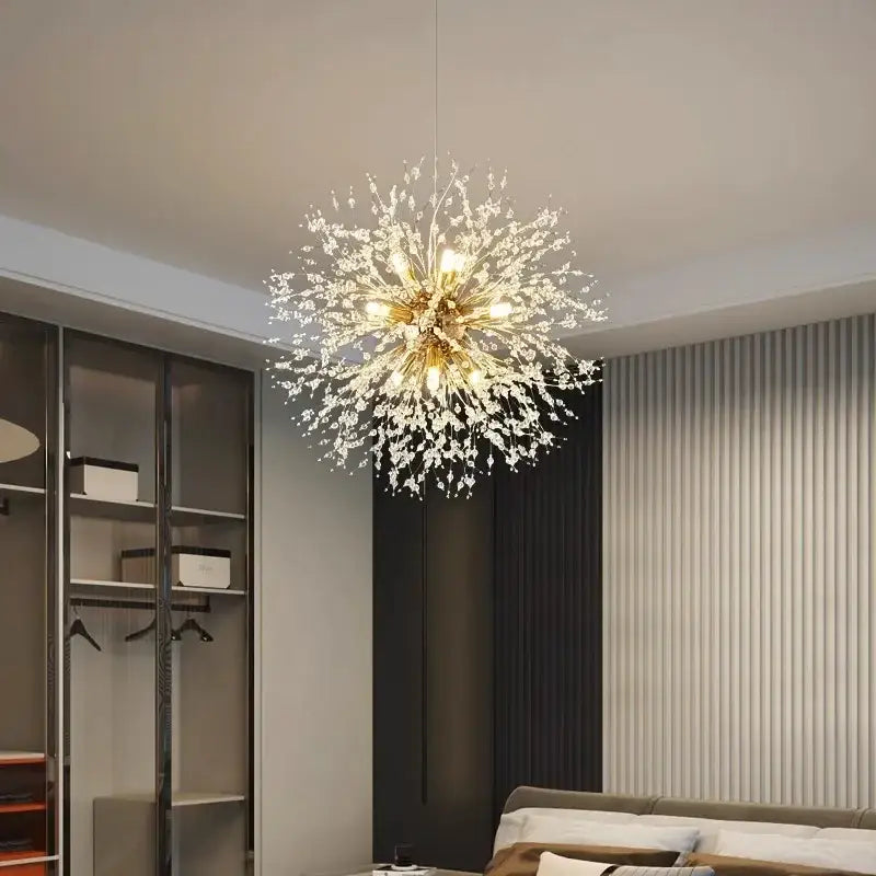 DecorBites™ modern led pendant chandelier with a sparkling gold and clear crystal dandelion design for home decor