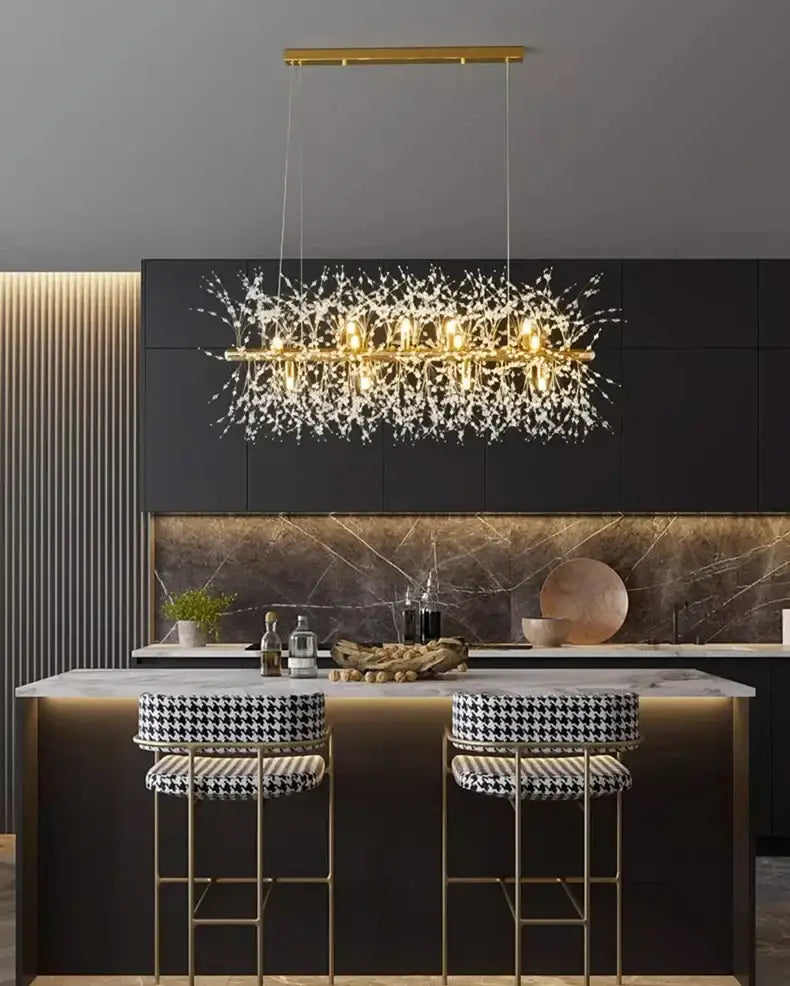 Gold-toned DecorBites™ modern led pendant chandelier with branching design and clear crystal accents for home decor