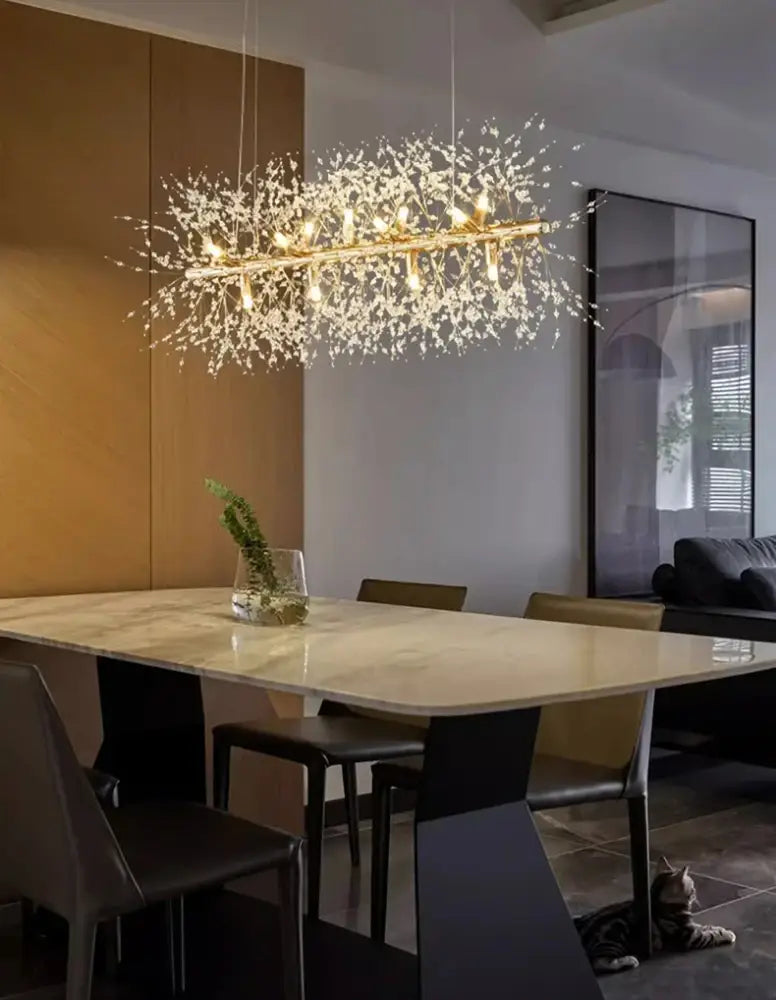 Gold-toned DecorBites™ modern led pendant chandelier with delicate branch-like crystal accents for home decor