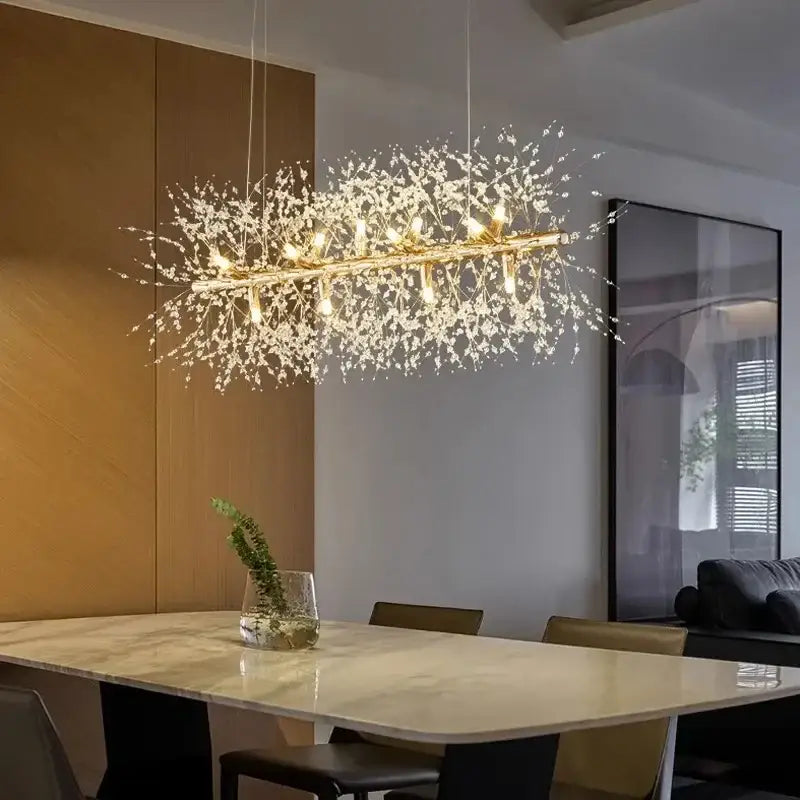 Gold-toned branch-style DecorBites™ modern led pendant chandelier with sparkling crystal accents for home decor