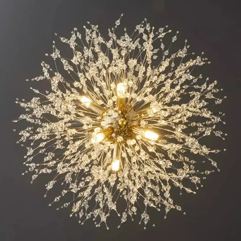 A radiant gold modern led pendant chandelier with clear crystal beads for elegant home decor by DecorBites™