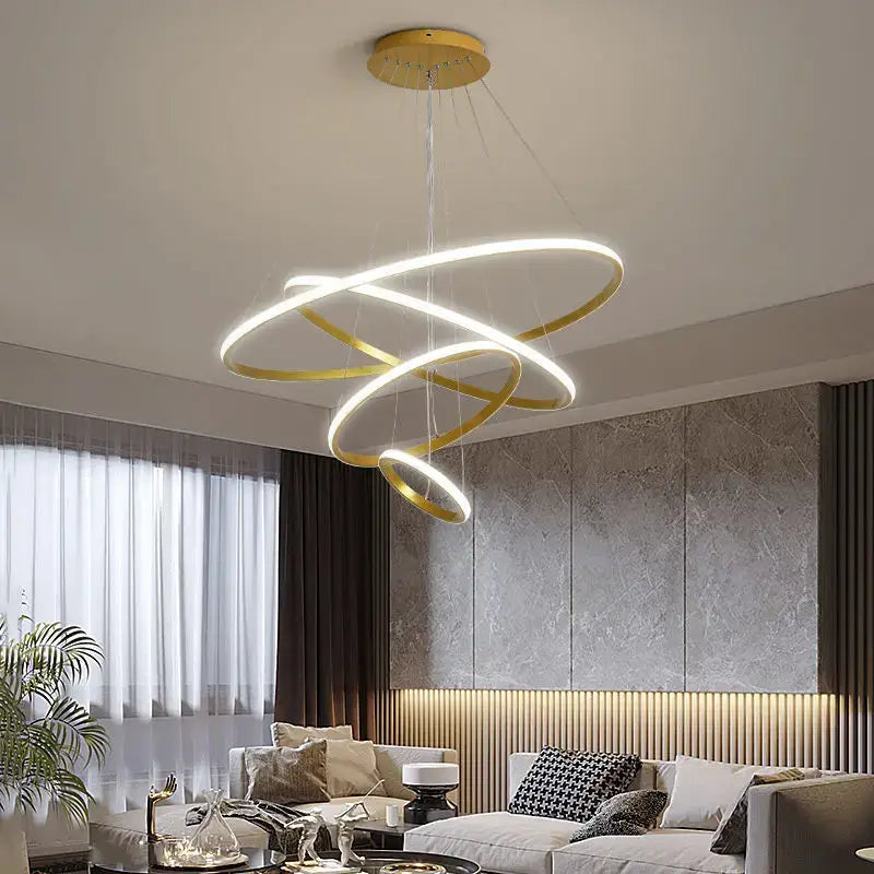 Decorbites™ modern black pendant lamp with gold-toned spiral led chandelier, brightness dimmable warm white rings