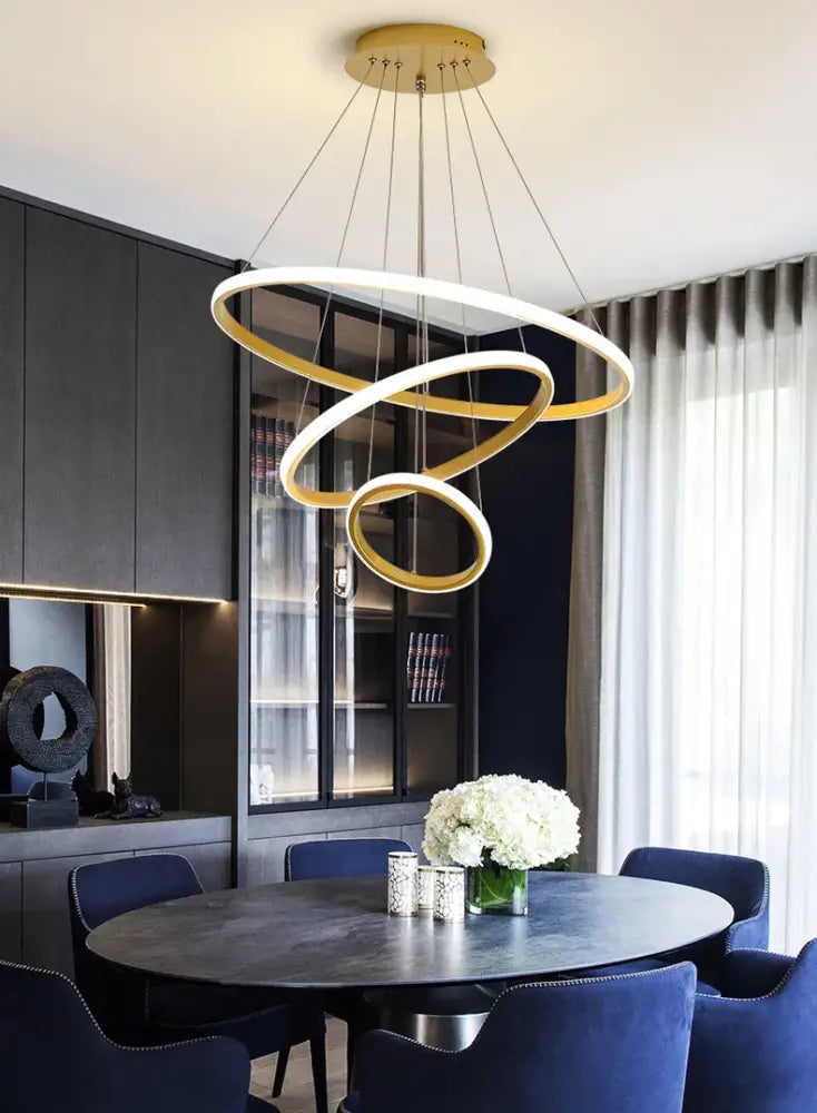 Decorbites™ modern black pendant lamp with interlocking gold and white rings brightness dimmable warm white light