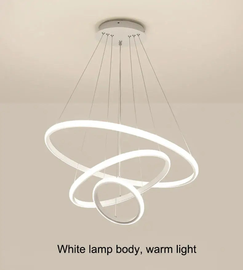 DecorBites™ modern black pendant lamp with three interlocking rings and brightness dimmable warm white LED light
