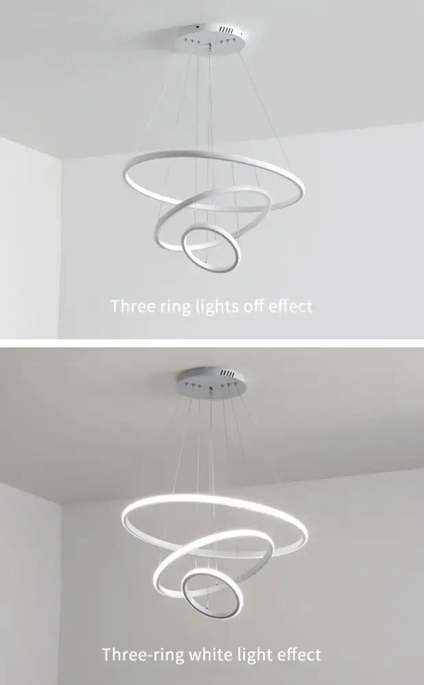 Modern white led chandelier with three concentric rings in decorbites™ pendant lamp offering brightness dimmable warm white light