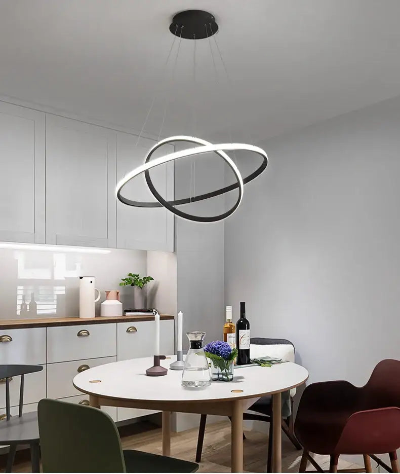 DecorBites modern black and white pendant lamp with dimmable brightness and warm white led ring chandelier design