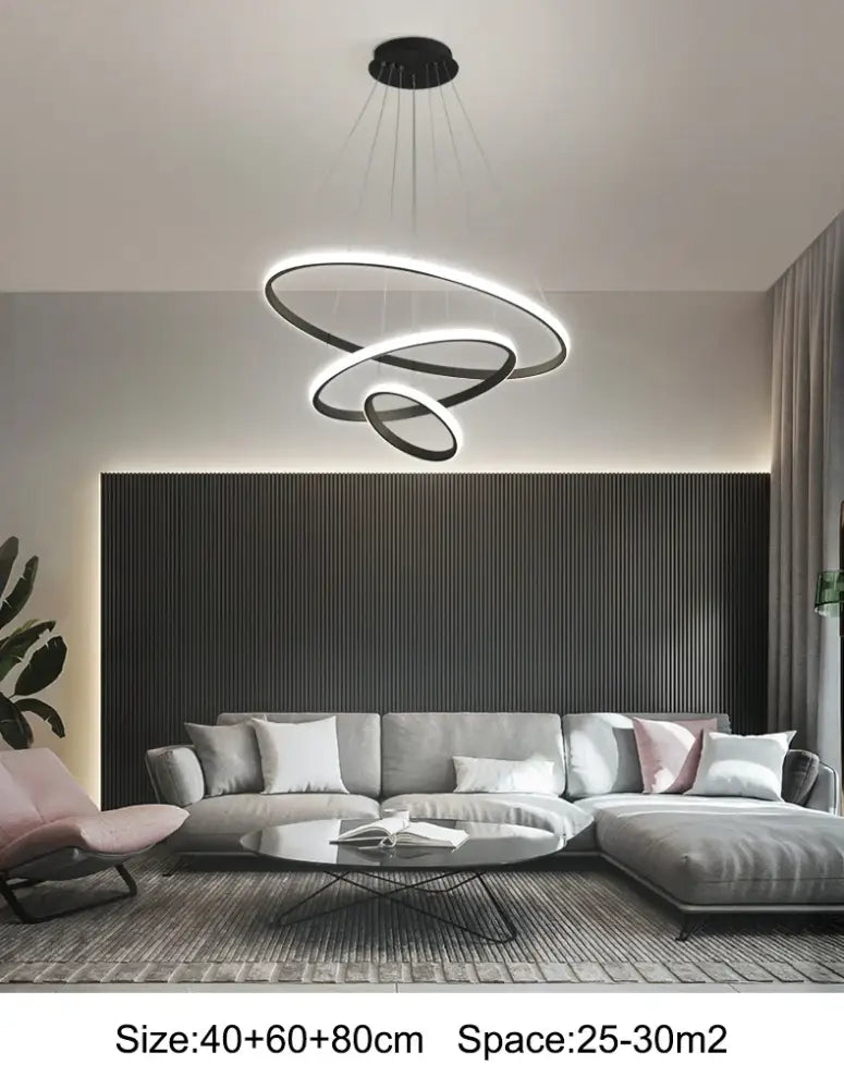 DecorBites modern black pendant lamp with sleek interlocking rings brightness dimmable warm white LED design