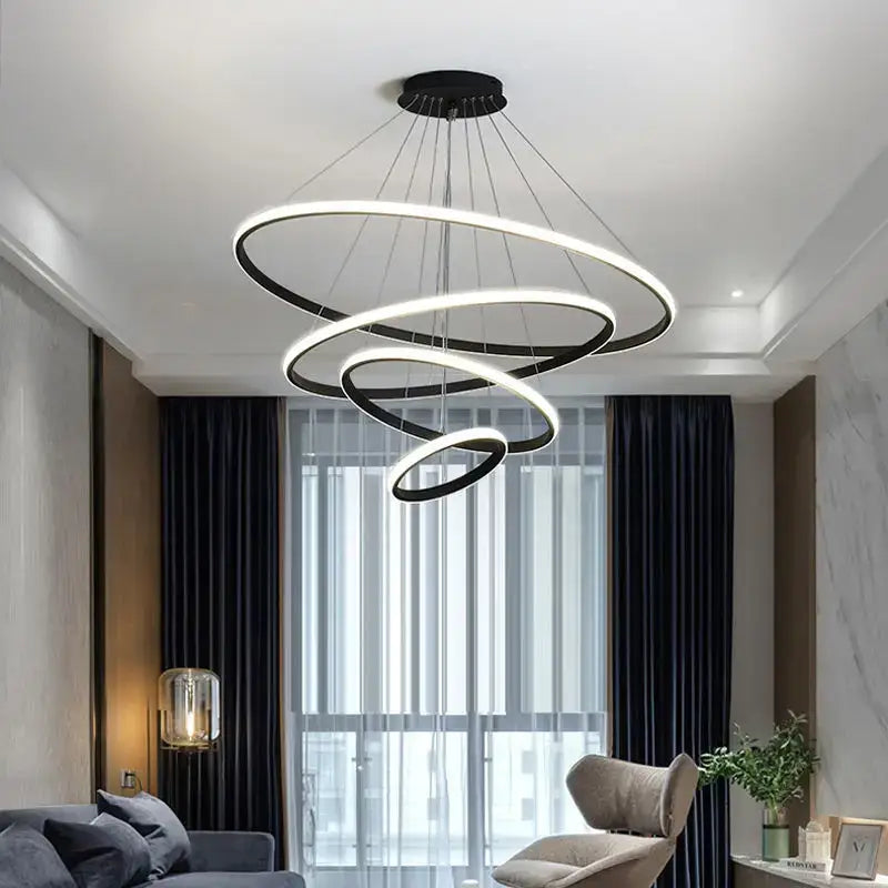 DecorBites modern black and white pendant lamp with sleek spiral led rings brightness dimmable warm white illumination