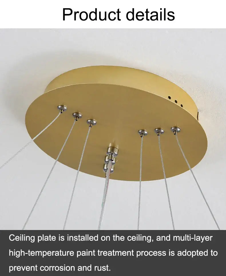 Gold-colored circular ceiling plate with brushed metallic finish and multiple suspension points for brightness dimmable pendant lamp