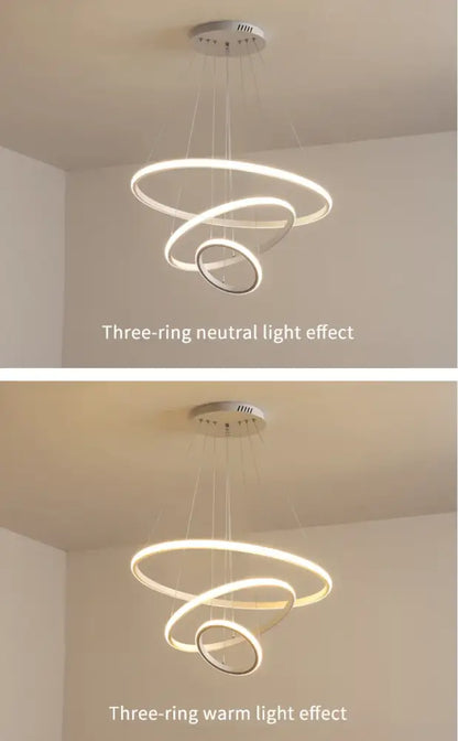 DecorBites™ modern black three-ring led pendant lamp with sleek white rings and dimmable warm white brightness