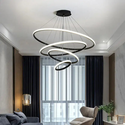Modern black and white DecorBites™ pendant lamp with dimmable brightness and warm white led spiral rings chandelier