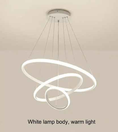 DecorBites modern led ring pendant chandelier in black with three interlocking rings and dimmable warm white brightness