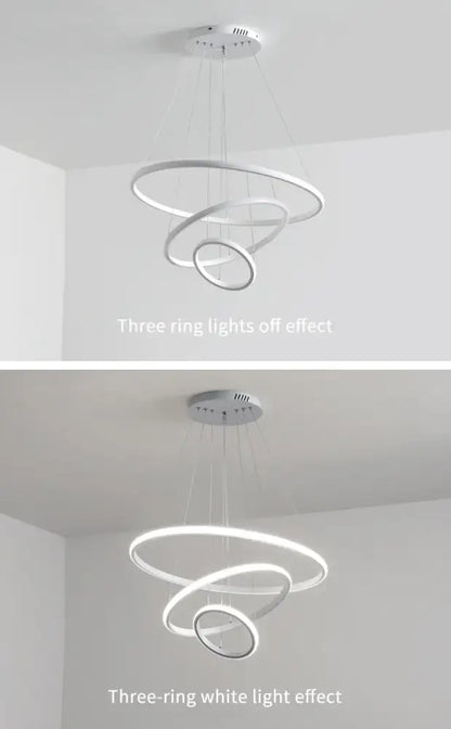 Modern white led chandelier with three concentric rings by DecorBites™ featuring brightness dimmable warm white pendant lamp