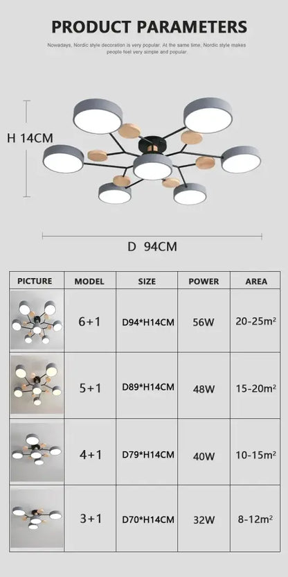 Modern nordic-style DecorBites™ macaron ceiling chandelier with six white LED bulbs, black metal arms, wood nodes, and 3-color dimming