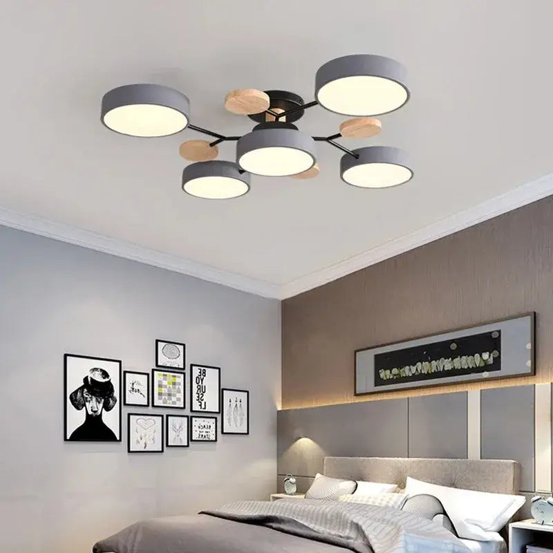 Modern gray and wood-toned DecorBites™ macaron ceiling chandelier with circular shades and 3-color dimming feature