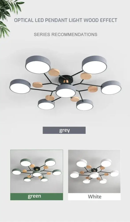 Modern grey DecorBites™ macaron ceiling chandelier with wood-effect circular shades and 3-color dimming feature