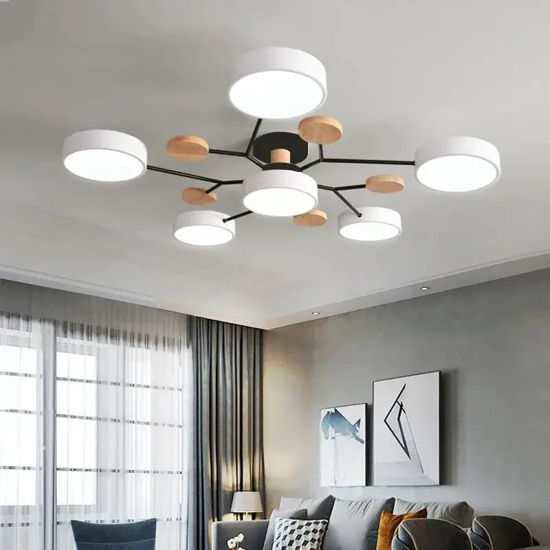 Modern macaron ceiling chandelier with multiple white shades wooden accents on black metal arms 3-color dimming feature