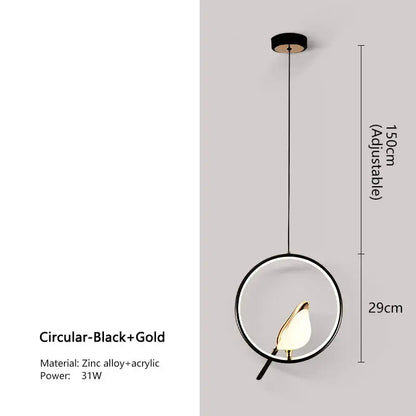 Black and gold DecorBites modern magpie bird led pendant light with acrylic bird-shaped lampshade and minimalist design