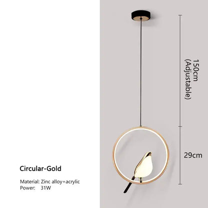 DecorBites modern magpie bird led pendant light with sleek gold frame and minimalist bird-shaped acrylic shade